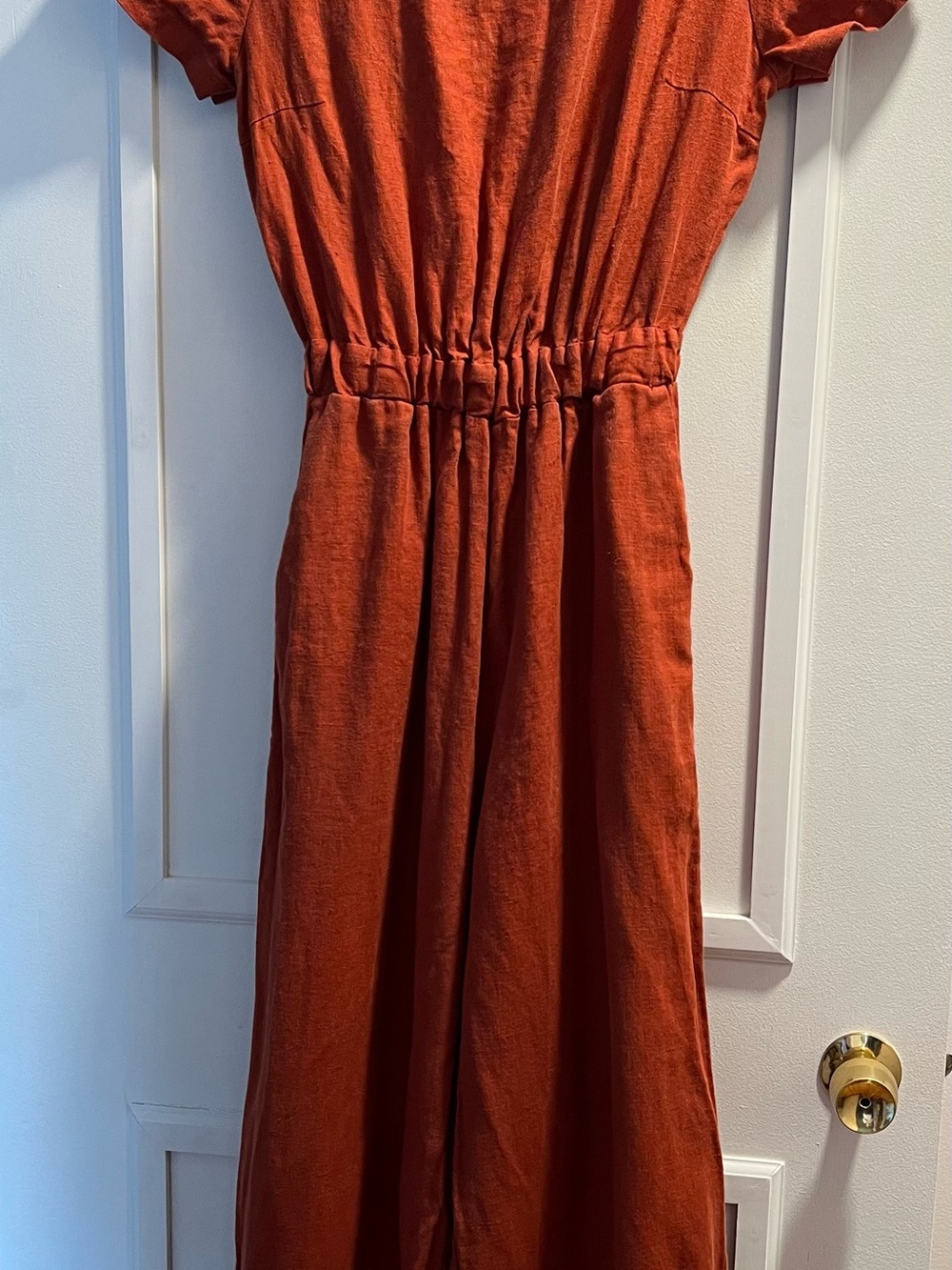 The Maybe Collection Women’s S Rust Linen Tie Back Elastic Waist Jumpsuit 52”